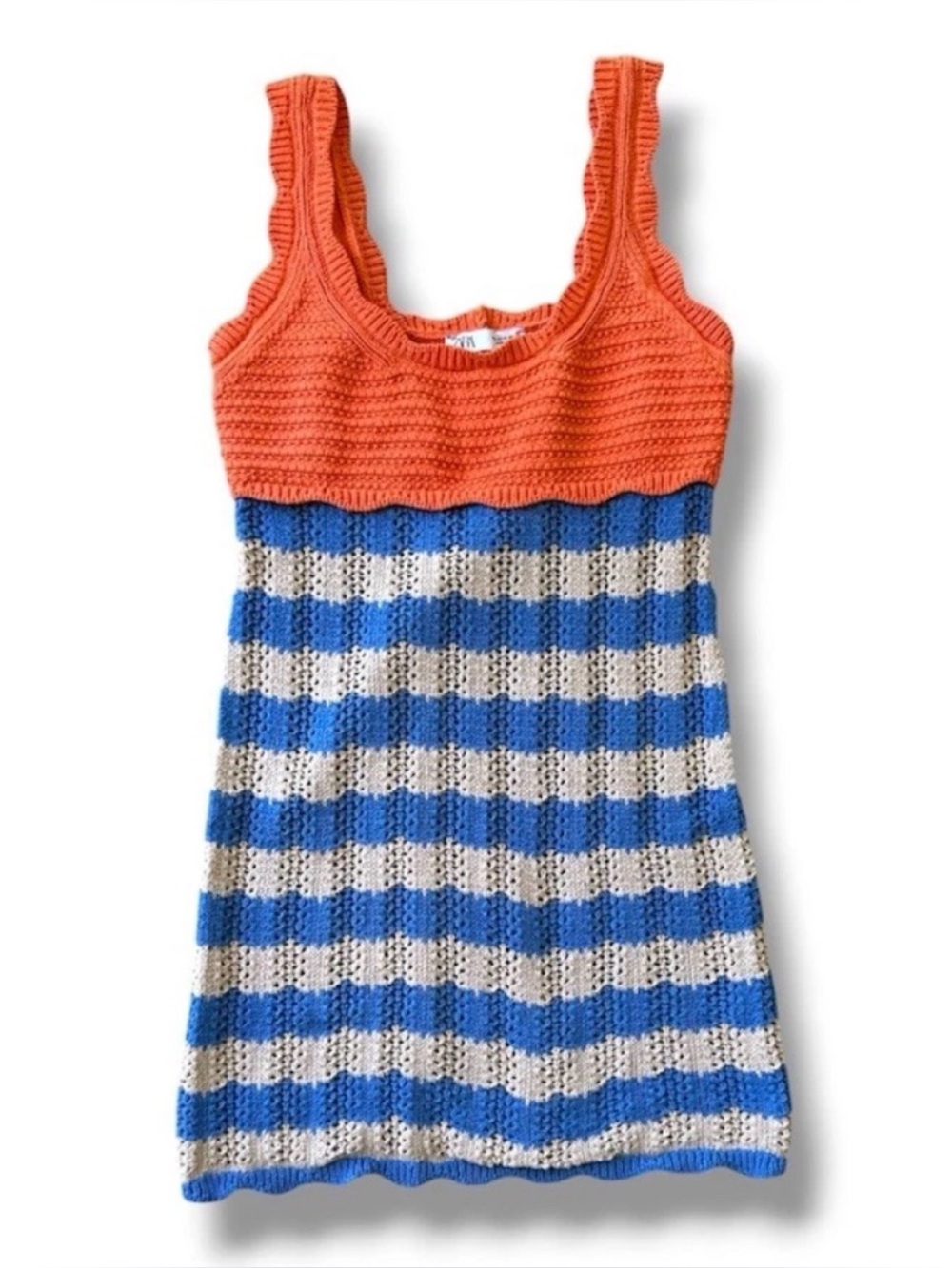 Zara Orange Bodice Blue & Cream Striped Knit Dress